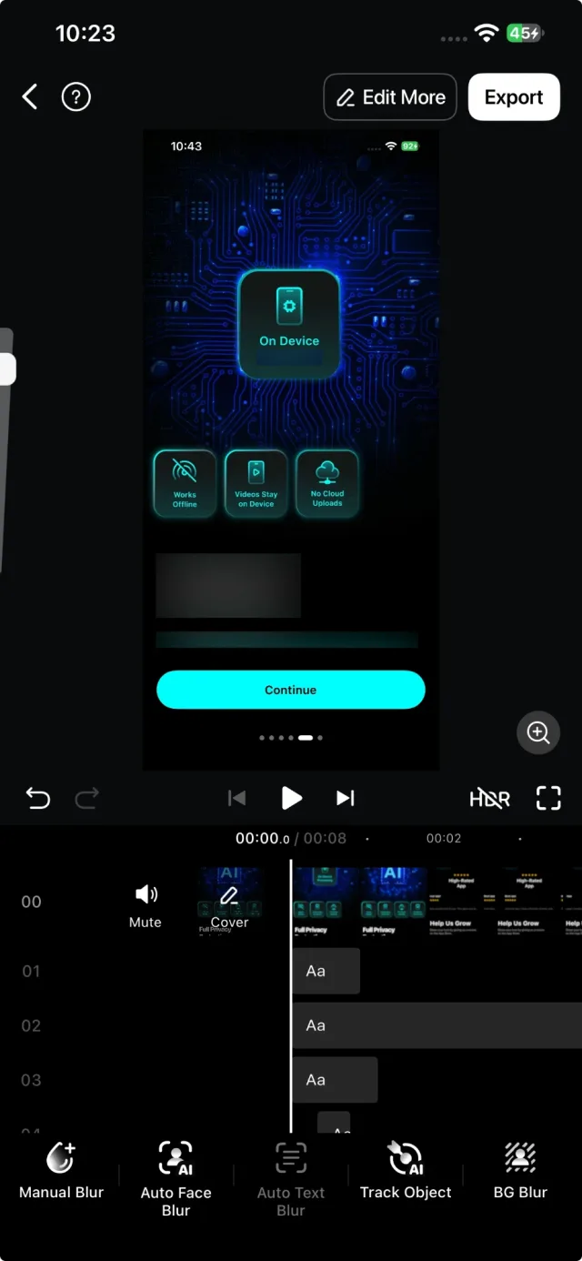 The Blur Video editor: a video with blurred regions, a timeline with one row per blur, and the Manual Blur, Auto Face Blur, Auto Text Blur, Track Object and BG Blur tools