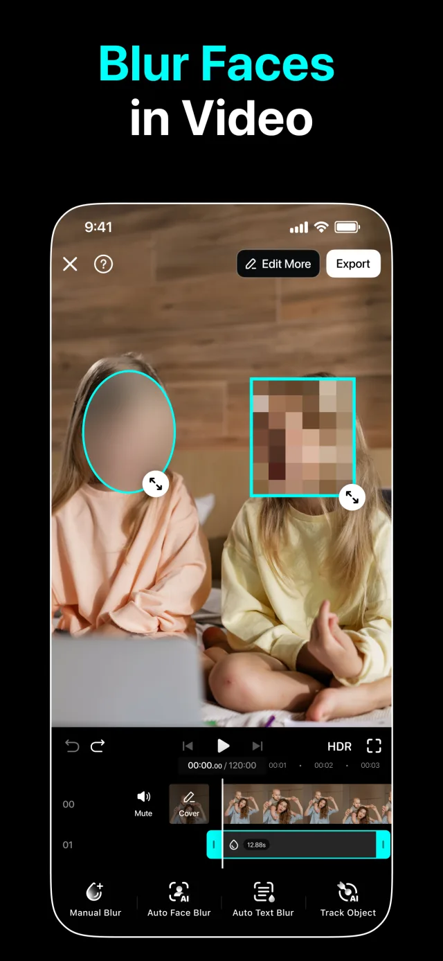 Blur Faces in Video: two children on a sofa, one face blurred, one pixelated, each in its own tracked shape